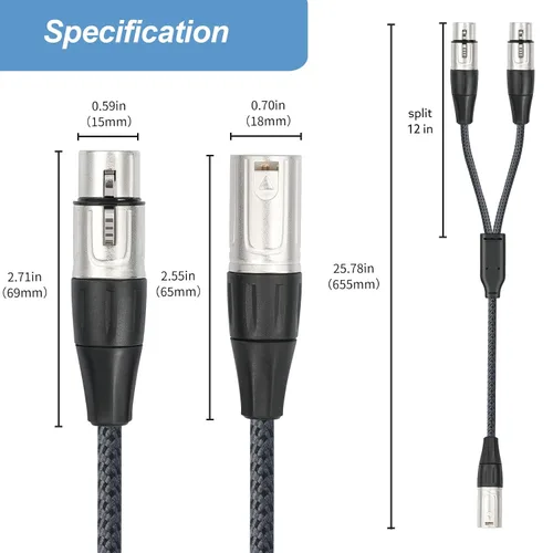 Vista 2 de Devianl XLR y Splitter - Cable divisor XLR y 2 hembra a 1 macho, equilibrado de doble hembra a macho, adaptador de cable de micrófono combinador, 2