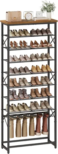 Vista 9 de YATINEY Zapatero alto para entrada, organizador de almacenamiento de zapatos de metal con estante para botas, zapatero resistente de 10 niveles
