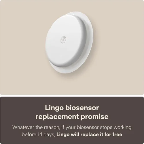 Vista 7 de Lingo Monitor Continuo de Glucosa (CGM) y Aplicación. Fabricado por Abbott. Conozca el impacto de lo que come. 1 biosensor Lingo dura hasta 14