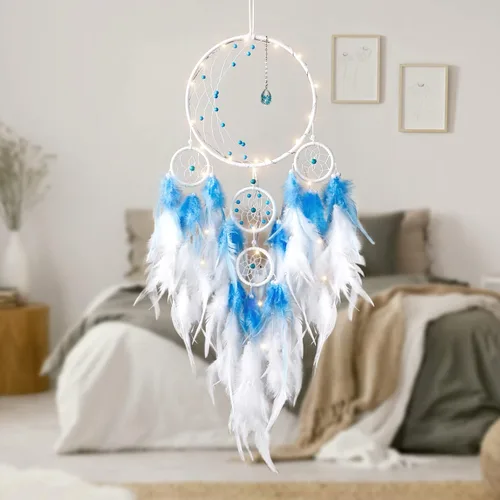 Vista 2 de KHOYIME Atrapasueños LED con luz de medio círculo con luna, luces, plumas hechas a mano, atrapasueños para dormitorio, decoración bohemia