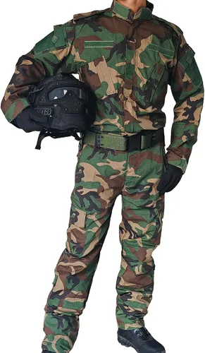 Vista 2 de H World Shopping Militar táctico hombre caza combate BDU uniforme traje camisa y pantalones con cinturón Woodland, Camuflaje del bosque