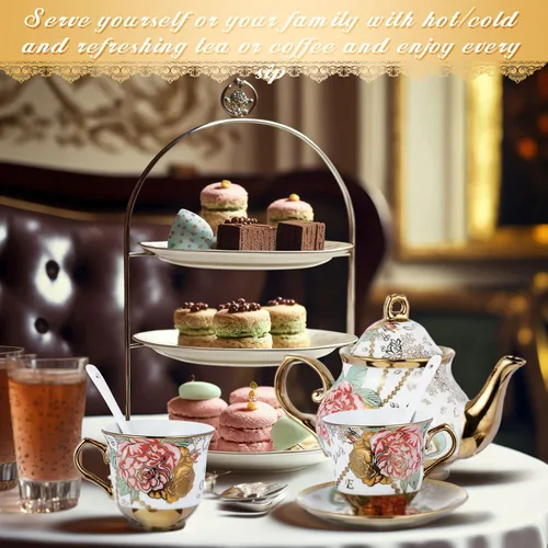 Vista 5 de Zhehao Juego de té de porcelana de 20 piezas con soporte de metal y cuchara para adultos, juego de té de cerámica para adultos, pintura de flores