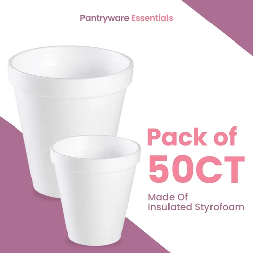 Vista 2 de Pantryware Essentials Vasos desechables de espuma blanca de 8 onzas, paquete de 50 unidades. Vasos desechables de espuma para bebidas