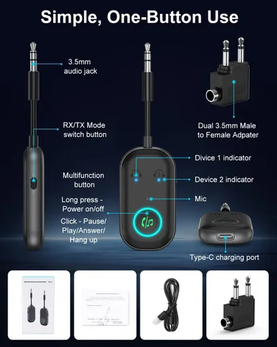 Vista 8 de Bomivoi Receptor transmisor Bluetooth 5.3, adaptador Bluetooth de avión para 2 auriculares, adaptador de audio inalámbrico para automóvil, llamada