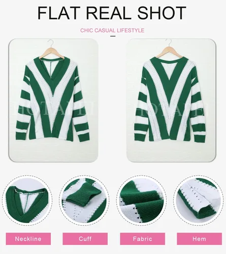 Vista 5 de EVALESS Suéteres para mujer, manga sexy, cuello en V profundo, casual, tejido a rayas