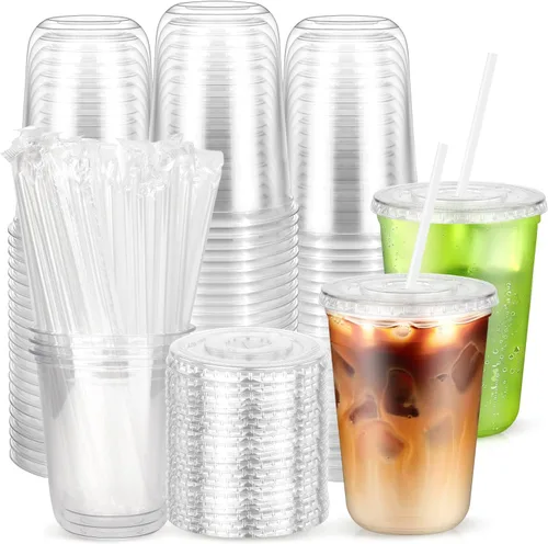 Vista 14 de Paquete de 25 vasos desechables de plástico transparente con tapas y pajitas, tazas de café helado de fondo redondo de 12 onzas, tazas de bebidas