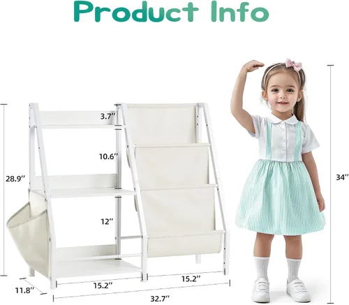 Vista 2 de Estantería infantil con bolsa de almacenamiento, estantería de 3 niveles y organizador de almacenamiento de juguetes para niños, estantería de metal