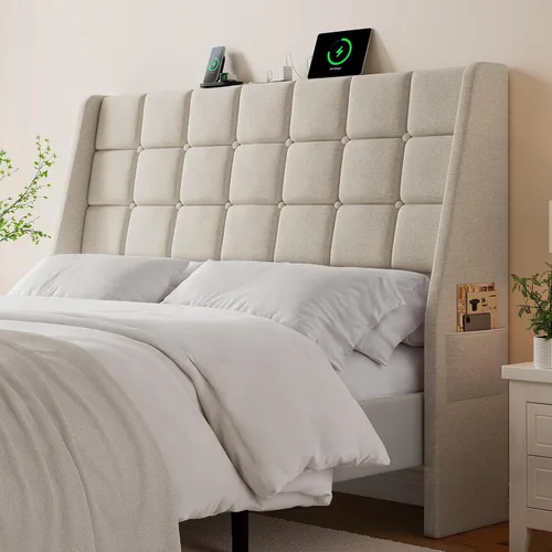 Vista 9 de Cabecera ergonómica tapizada de tamaño completo con estación de carga, cabeceros wingback de lino con bolsillo de almacenamiento, solo cabecero