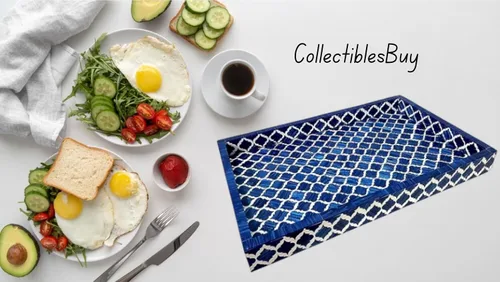 Vista 7 de Bandeja de servir hecha a mano con incrustaciones de hueso, bandeja de desayuno de damasco marroquí azul y blanco, bandeja rectangular de madera