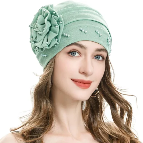 Vista 24 de ZLYC Gorro de verano para mujer, gorro elástico de quimioterapia con flores Blanco floral