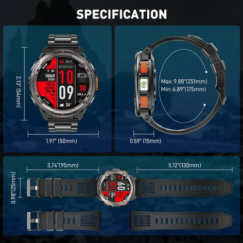 Vista 8 de Relojes inteligentes militares para hombres con linterna LED, reloj inteligente táctico resistente con 1.45 pulgadas HD, 3ATM impermeable y brújula