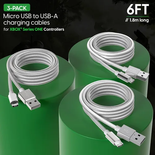 Vista 2 de TALK WORKS 14095 - Cable de carga compatible con controladores de juegos Xbox One, cable de carga micro USB trenzado de nailon de 6 pies, carga