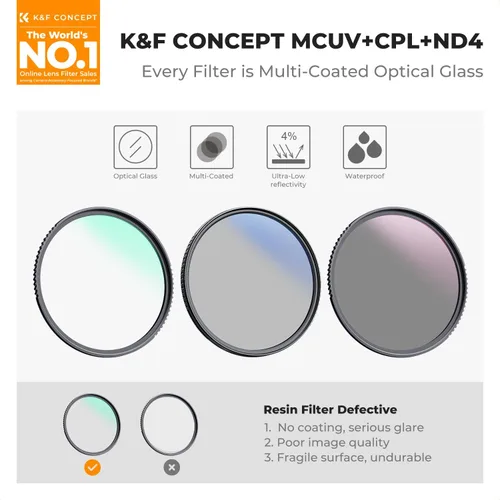 Vista 2 de K&F Concept Kit de filtro de lente UV/CPL/ND de 3.031 in (3 piezas) - 18 recubrimientos multicapa, filtro UV + filtro polarizador + filtro