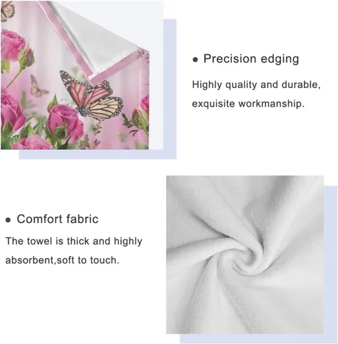 Vista 4 de Juego de toallas de baño para baño, diseño floral de mariposa rosa, hojas verdes románticas para cuatro estaciones, lujo de 3 toallas, 1 toalla, 1