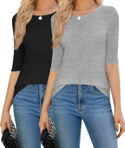 Vista 2 de Huukeay 2 camisetas de media manga para mujer, camisetas básicas de cuello redondo para mujer, manga 12, cuello redondo, camisetas elásticas