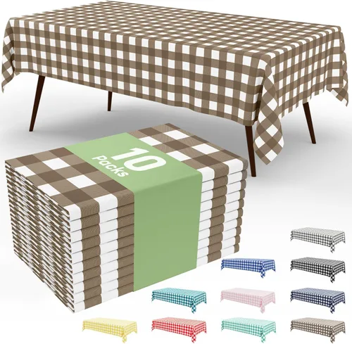 Vista 50 de Smiry Paquete de 3 Manteles Desechables de Cuadros Gingham Color Caqui - 54" x 72" Mantel de Plástico de Servicio Pesado, Cubiertas de Mesa