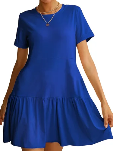 Vista 3 de Umenlele Minivestido corto casual de manga corta con cuello redondo y volantes para mujer