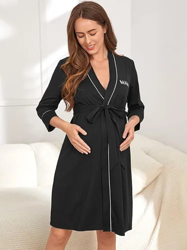 Vista 3 de Verdusa Bata de lactancia con cinturón y bordado de letras de maternidad para mujer