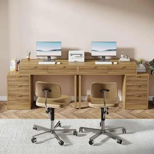 Vista 9 de Tribesigns Escritorio para computadora con 5 cajones, escritorio pequeño reversible con almacenamiento, mesa de estudio de madera vintage, estación
