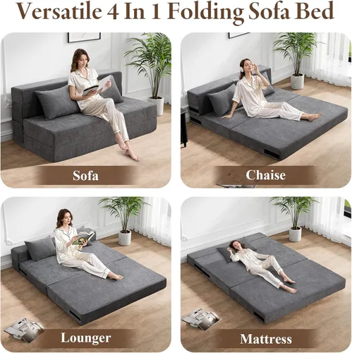 Vista 3 de HOMFINE Sofá cama plegable - Silla cama convertible con cojín, sofá cama plegable, colchón de espuma viscoelástica para piso, sofá futón, sofá
