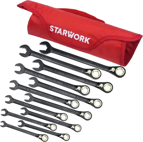 Vista 9 de STARWORK TRUE MECHANIC Juego de llaves de trinquete reversibles 10 en 1 de 2 piezas, extremo de caja doble, 120 dientes, GPLATING, SAE/métrico