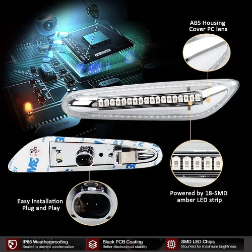 Vista 5 de D-Lumina Luces direccionales LED cromadas para BMW E90 E91 E92 E93 E46 E53 E60 E61 X3 E83 X1 E84 E81 E82 E87 E88, lente transparente ámbar lámparas