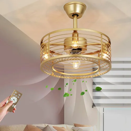 Vista 7 de Chinco Star Ventilador de Techo Enjaulado con Luz, Ventilador de Techo Fandelier Dorado y Control Remoto - Motor Reversible, Viento de 6