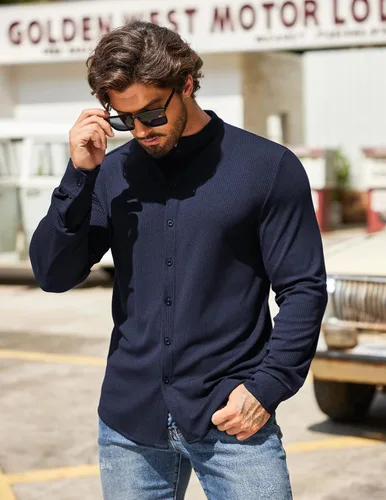Vista 3 de COOFANDY Mens Ribbed Knit Button Down Shirt Casual Long Sleeve Stretch Dress Shirts