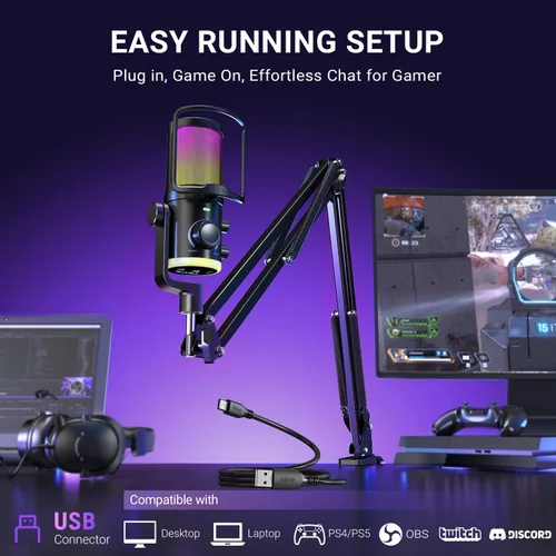 Vista 8 de FIFINE Kit de micrófono de transmisión USB para juegos, micrófono de condensador con RGB, cancelación de ruido, Dial de juego/chat Plug & Play