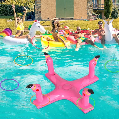 Vista 4 de Juguetes de piscina, juegos de lanzamiento de anillos de piscina, juguetes inflables de tiburón flamenco con 6 anillos para niños y adultos, piscina