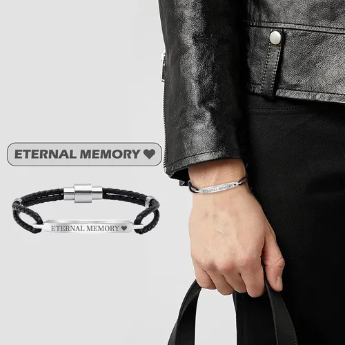 Vista 5 de Pulsera personalizada para hombres - Pulsera de cuero trenzado negro personalizada con nombre grabado para esposo novio pulseras para hombres, Sin