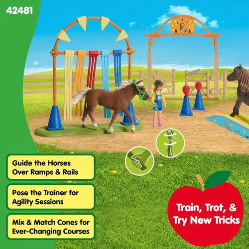 Vista 4 de Schleich Farm World - Juego de entrenamiento de agilidad de poni con caballo, entrenador y accesorios, juego de 41 piezas de poni, entrenador