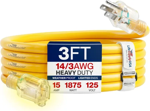 Vista 106 de Cable de extensión SJT de 12/3 300 V con luz LED para uso en interiores y exteriores con enchufe con iluminación LED Amarillo