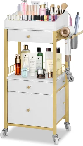 Vista 11 de Carrito organizador de maquillaje con 3 cajones, carrito de almacenamiento de cosméticos rodante con divisores ajustables, soporte de herramientas