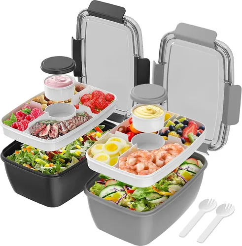 Vista 10 de Cherrysea Lonchera para ensalada, paquete de 2 tazones con 3 compartimentos, a prueba de fugas con tenedor y contenedor de salsa - Verde+Rosa
