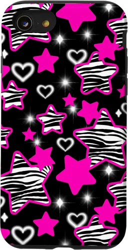 Vista 18 de Carcasa para iPhone 16 McBling Estética Zebra Print Stars Hearts Rosa Negro Y2K
