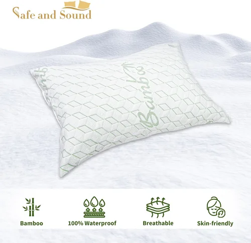 Vista 2 de Safe and Sound Protector de almohada impermeable con cremallera, tamaño estándar, de viscosa de bambú, transpirable, suave, funda de almohada
