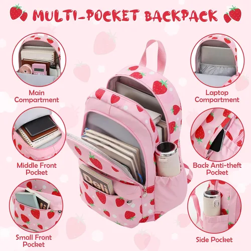 Vista 3 de Mochila para niñas, juego de mochila de unicornio para niños, mochila de escuela primaria primaria con lonchera y estuche para lápices, Rosado, Fresa