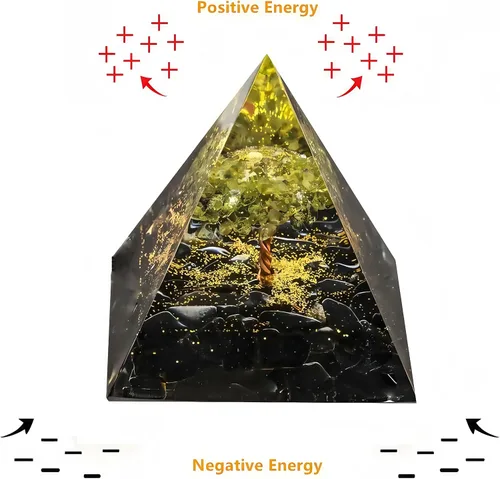 Vista 5 de Pirámide de orgón del árbol de la vida para energía positiva, peridoto de orgonita y cristal curativo de obsidiana para reducir el estrés