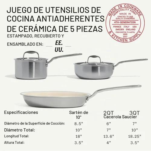 Vista 2 de Made In Cookware - Juego de utensilios de cocina antiadherentes de cerámica (mango inoxidable), revestimiento de 5 capas, incluye sartén