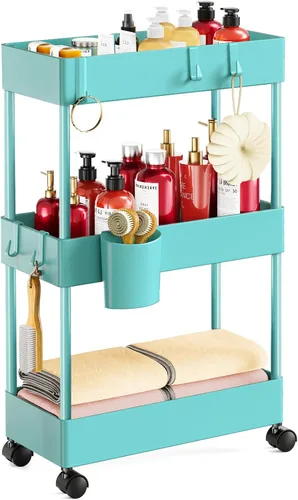 Vista 10 de Pipishell Carrito de almacenamiento delgado con ruedas, organizador de baño de 3 niveles y carrito de almacenamiento, carritos rodantes para baño