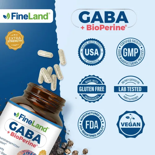 Vista 5 de FineLand GABA + BioPerine® - Suplemento de ácido gamma-aminobutírico para relajación y calma diaria Apoya el bienestar emocional, vegano, 120