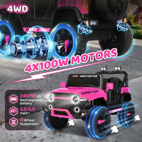 Vista 3 de Juguetes de paseo de 24 V para niños, camión eléctrico 4WD de 2 plazas con control remoto parental, Jeep rosa para niñas, 3 velocidades, suspensión