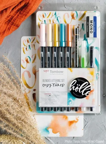 Vista 2 de Tombow El juego de letras mezcladas incluye 5 bolígrafos ABT, 1 lápiz mono, 1 borrador mono, 1 fudenosuke, 1 cepillo de agua, paleta de mezcla