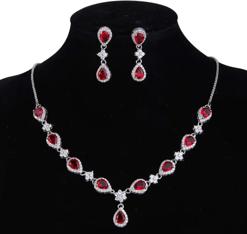 Vista 5 de EleQueen, juego nupcial de collar en V, pulsera tenis y aretes colgantes, con circonia cúbica, flor y lágrima, tono plateado, para mujer