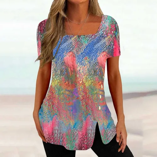 Vista 2 de Womens Summer Tops Boho Floral Print Tunic Side Split Button Down Short Sleeve Square Neck Shirts Spring Blouses