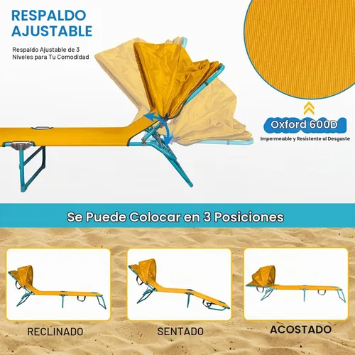Vista 5 de Northroad Sillón de playa con toldo y toldo plegable, ajustable en 4 posiciones, silla de bronceado plegable para exteriores, tumbona resistente al