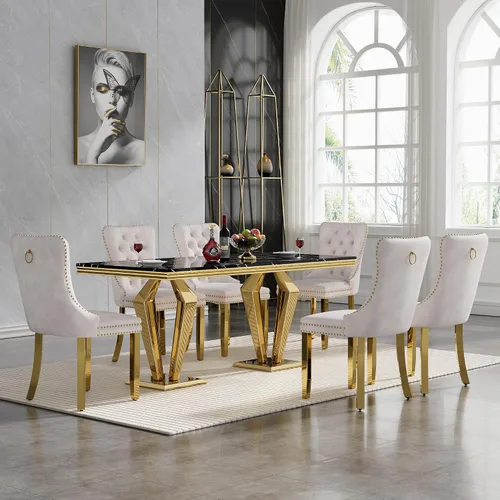 Vista 89 de HomVent - Juego de mesa de comedor de mármol sintético de 68 pulgadas con 4 sillas de terciopelo para cocina Modern Rectangular Faux Marble