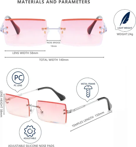 Vista 5 de LASPOR Lentes de sol rectangulares sin montura retro para mujeres y hombres, lentes teñidas, metal dorado, sin marco, gafas cuadradas vintage