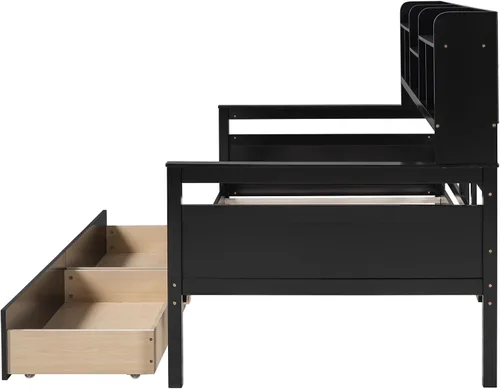Vista 7 de Sofá cama de tamaño individual con cajones, sofá cama individual de madera con estante de noche, soporte de listones de madera, espresso